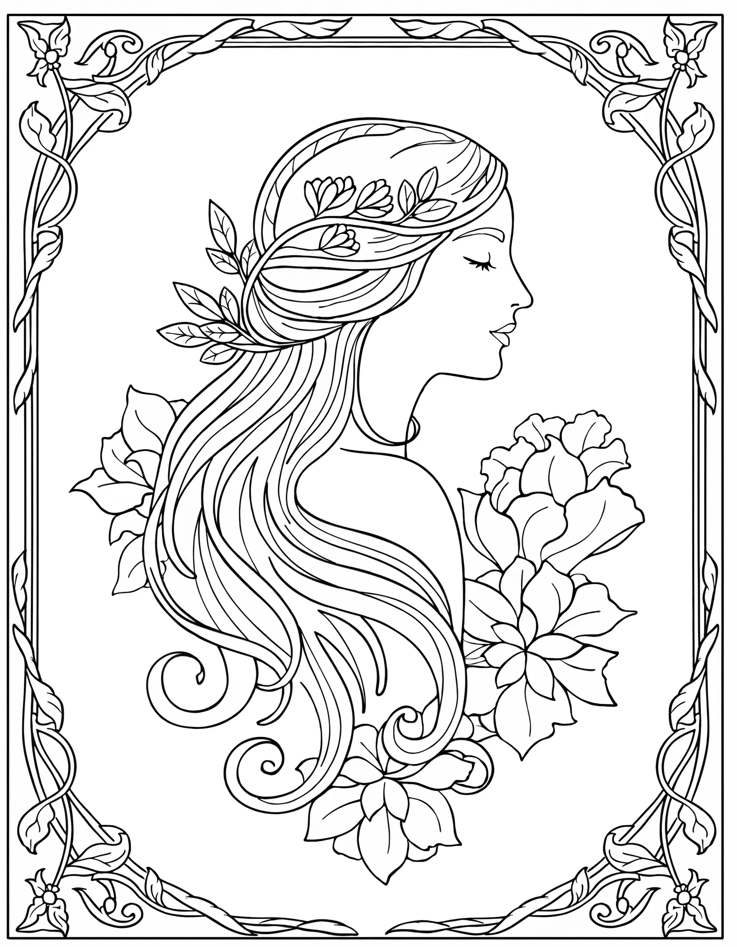 Femme Fleur Art Nouveau — Coloriage vintage à imprimer gratuitement